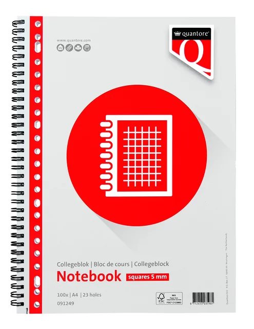Collegeblok Quantore A4 ruit 5mm 23-gaats 200 pagina's 70gr