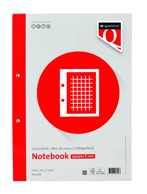 Cursusblok Quantore A4 ruit 5mm met kantlijn 200 pagina's 80gr