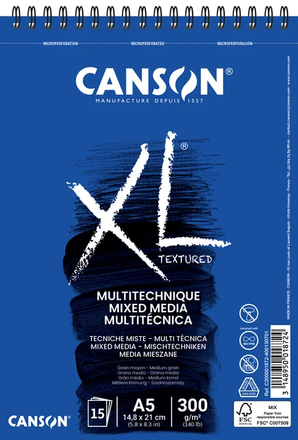 Mixed mediapapier Canson XL Textured Mixed Media 15vel 300gr A5 wit