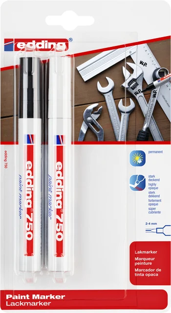 Paintmarker edding 750 op oliebasis 2-4mm wit en zwart blister à 2st