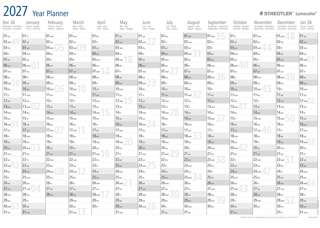 Jaarplanner 2027 Staedtler Lumocolor 84x60cm oprolbaar