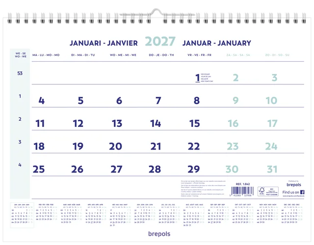 1-Maandskalender 2027 Brepols 43x31.5cm
