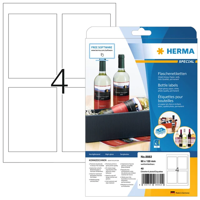Etiket HERMA flessen 8882 90x120mm A4 glossy wit 40 stuks