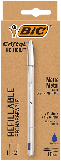 Balpen Bic Cristal Re-new medium zilver + 2 vullingen blauw
