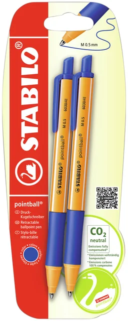 Balpen STABILO pointball 6030/41 medium blauw blister à 2 stuks