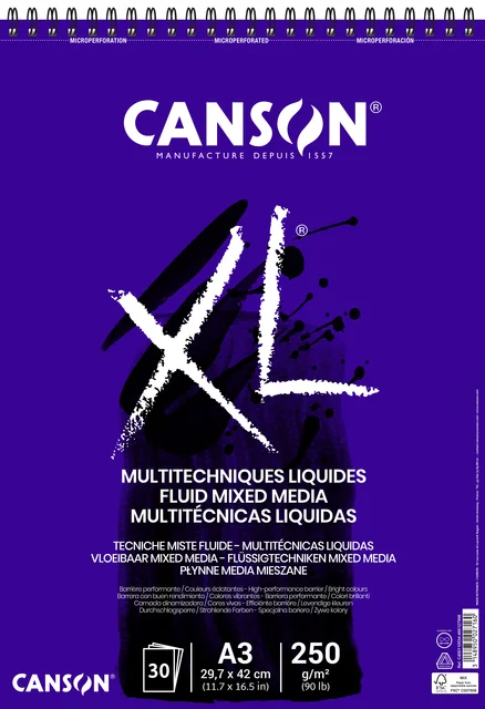 Mixed mediapapier Canson XL Fluid Mixed Media 30vel 250gr A3 extra wit