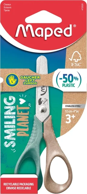 Kinderschaar Maped Smiling Planet 12cm linkshandig bruin/groen