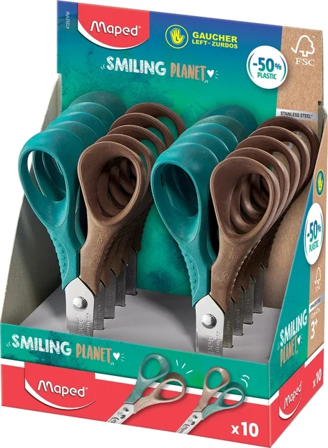 Kinderschaar Maped Smiling Planet 12cm linkshandig bruin/groen