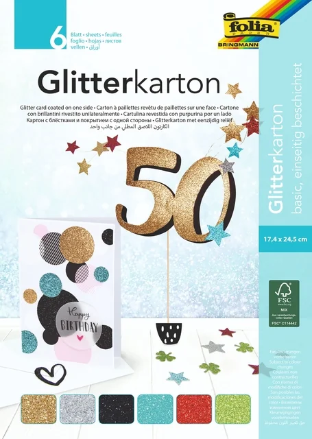 Glitterkarton Folia 174x245mm 6 vel basis assorti