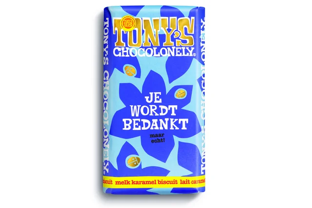 Chocolade Tony's Chocolonely je wordt bedankt reep melk karamel biscuit 180gr