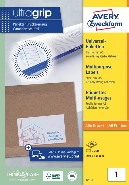 Etiket Avery 6135 210x148mm wit 200 stuks