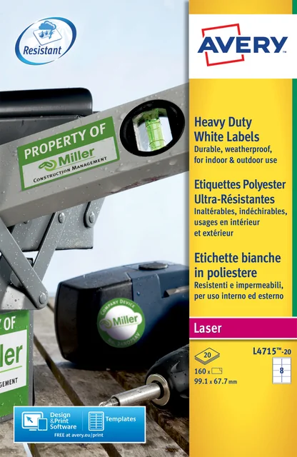 Etiket Avery L4715-20 99.1x67.7mm weerbestendig wit 160 stuks