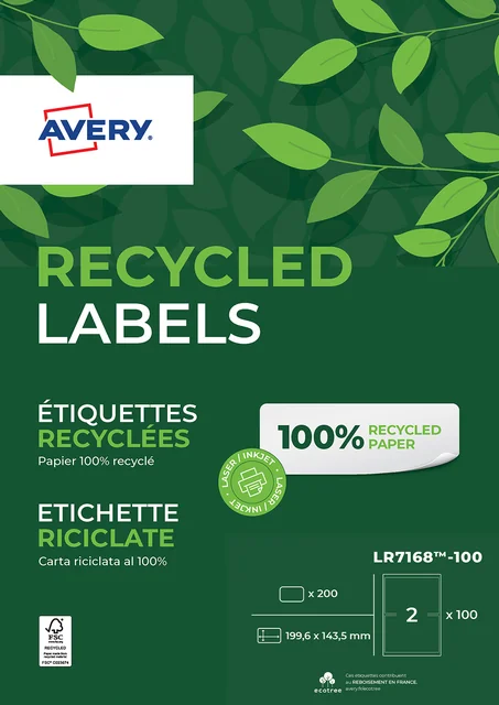 Etiket Avery LR7168-100 199.6x143.5mm recycled wit 200 stuks