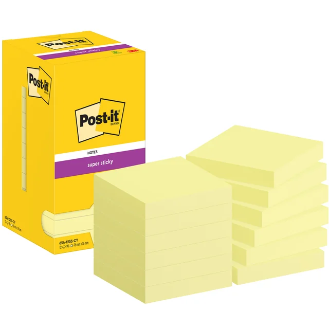 Memoblok Post-it 654 Super Sticky 76x76mm canary yellow 12 stuks