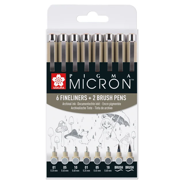 Fineliner Sakura Pigma Micron 6 schrijfbreedtes - 2 brushpen koudgrijs