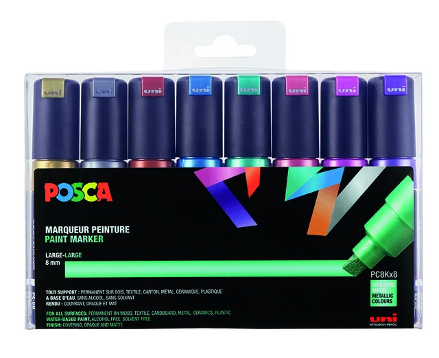 Paintmarker Uni POSCA PC8K breed schuin metallic assorti set à 8 stuks