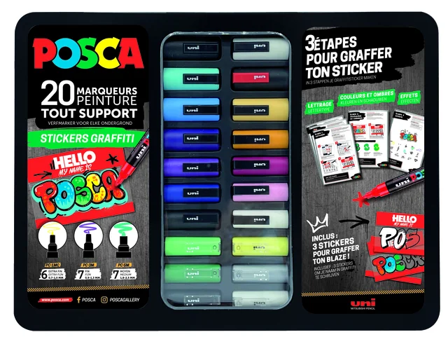 Paintmarker Uni POSCA Sticker Graffiti assorti metalen koffer à 20st