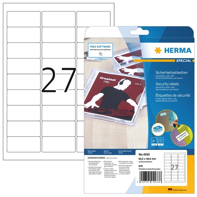 Veiligheidsetiket HERMA 4233 63.57x29.6mm wit 675 stuks