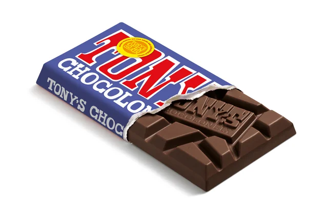 Chocolade Tony's Chocolonely donkere melk pretzel toffee reep 90 gram