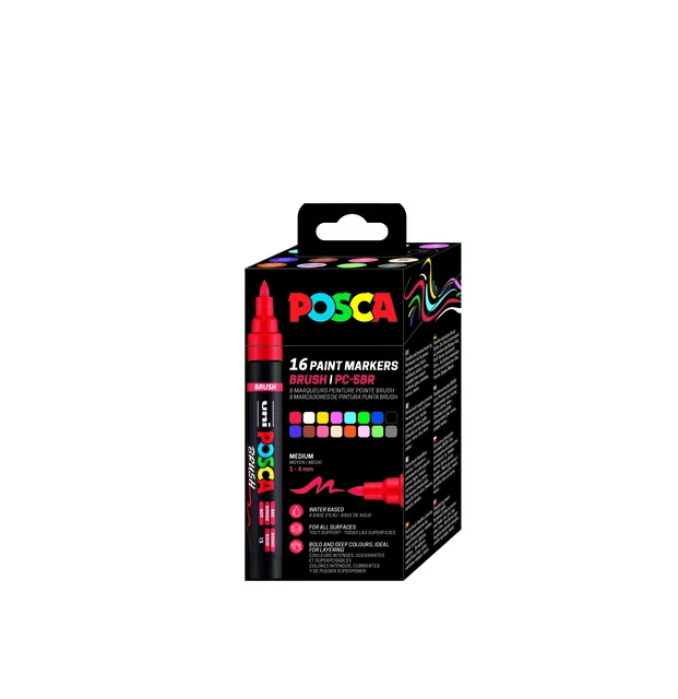 Paintmarker Uni POSCA PC-5BR brushpunt medium set à 16 kleuren