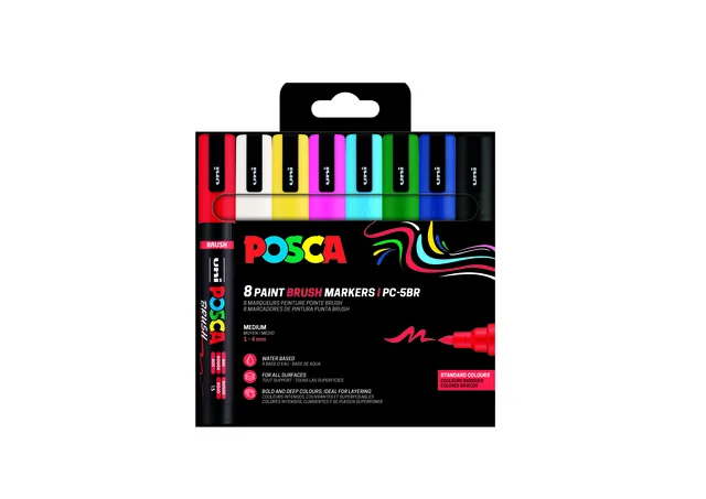 Paintmarker Uni POSCA PC-5BR brushpunt medium set à 8 kleuren