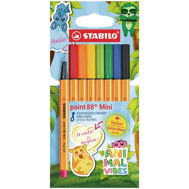 Fineliner STABILO point 88 Animal Vibes mini fijn assorti 8 stuks