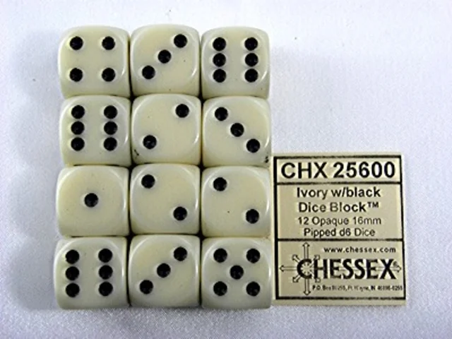 Dobbelsteen Chessex Ivory/black D6 16mm set à 12 stuks