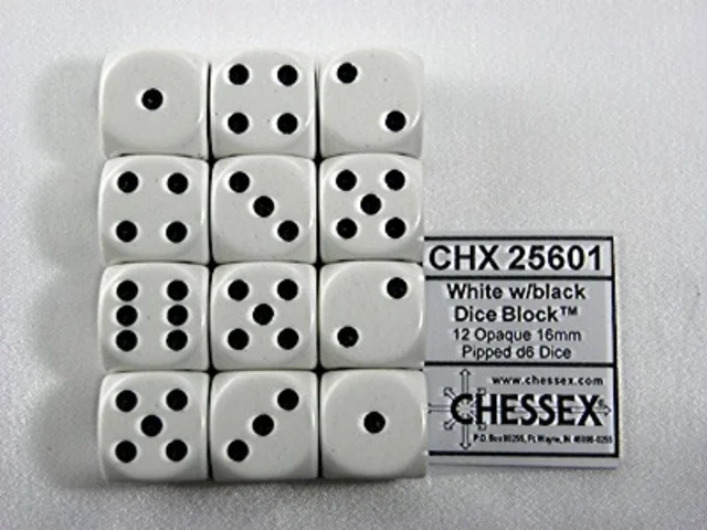 Dobbelsteen Chessex White/black D6 16mm set à 12 stuks