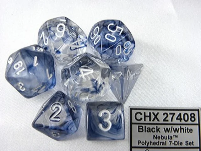 Dobbelsteen Chessex  Polydice Nebula Black/white set à 7 stuks