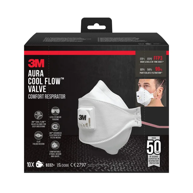 Stofmasker 3M Aura Comfort Cool Flow 9332 FFP3 met ventiel 10 stuks