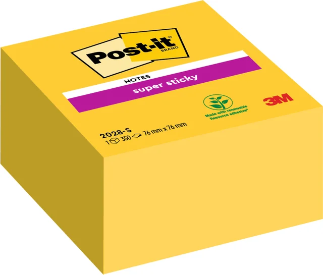 Memoblok Post-it 2028 Super Sticky 76x76mm kubus geel