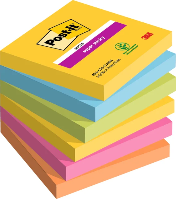 Memoblok Post-it 654 Super Sticky 76x76mm Carnival 6 stuks