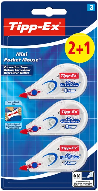 Correctietape Tipp-Ex mini pocket mouse 5mmx6m blister 2+1 gratis