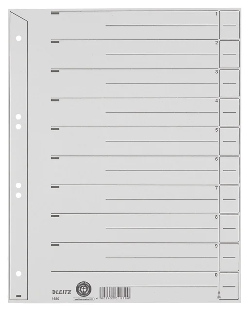 Scheidingsbladen Leitz A4 karton 200gr 6-gaats grijs 100 stuks