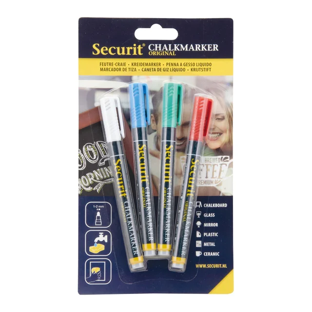 Krijtstift Securit SMA-100 rond 1-2mm wit/blauw/groen/rood 4 stuks