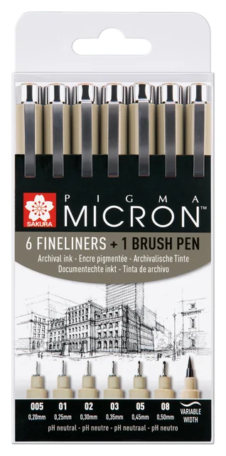 Fineliner Sakura Pigma Micron 6 schrijfbreedtes en brushpen zwart