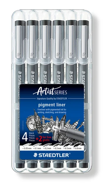 Fineliner Staedtler Pigment 308 zwart set 4+2 gratis