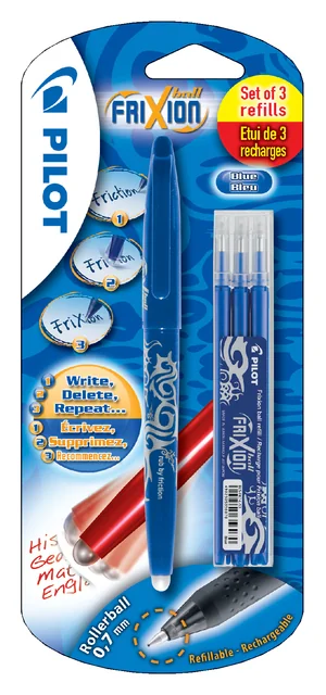 Rollerpen PILOT friXion medium blauw blister à 1 stuk + 3 vullingen