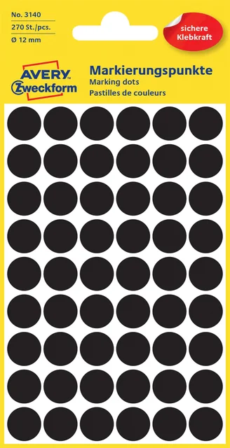 Etiket Avery 3140 rond 12mm zwart 270 stuks