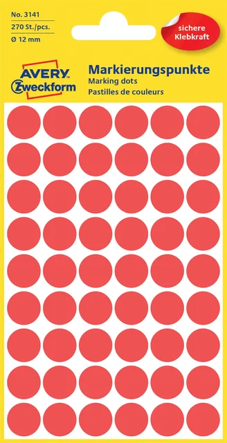 Etiket Avery 3141 rond 12mm rood 270 stuks