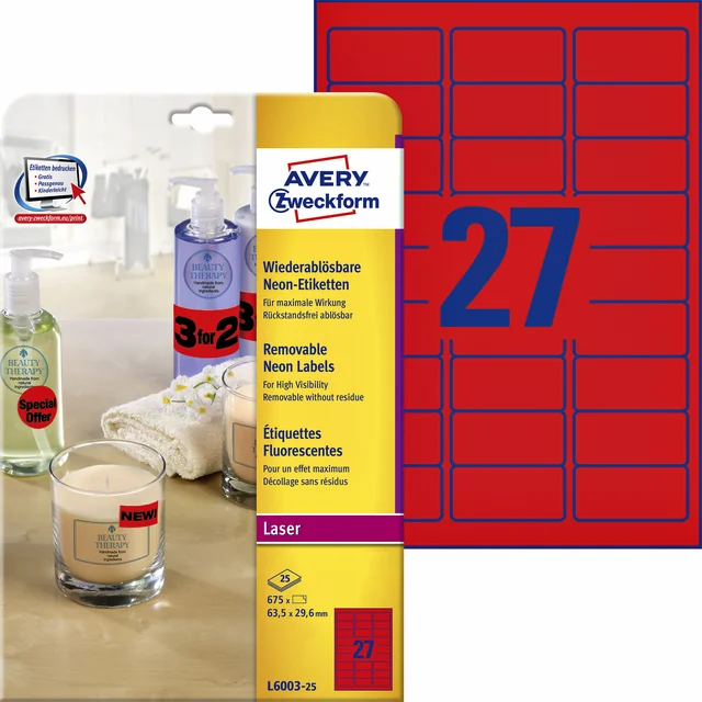 Etiket Avery L6003-25 63.5x29.6 neon rood 675 stuks