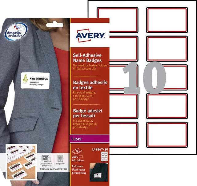 Naambadge etiket Avery L4786-20 80x50mm rood kader 200 stuks