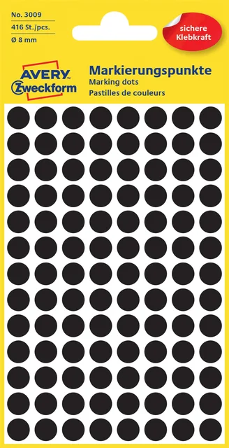 Etiket Avery 3009 rond 8mm zwart 416 stuks