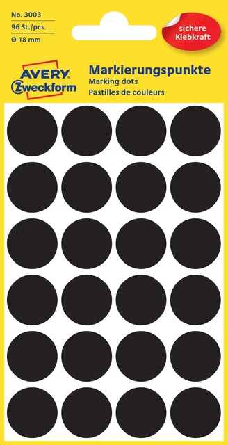 Etiket Avery 3003 rond 18mm zwart 96 stuks