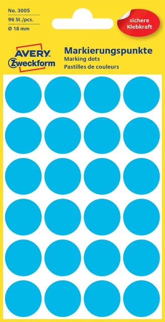 Etiket Avery 3005 rond 18mm blauw 96 stuks