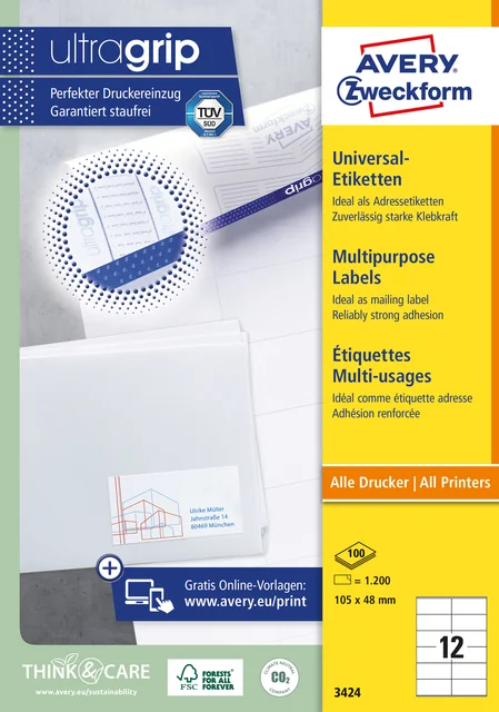 Etiket Avery 3424 105x48mm wit 1200 stuks