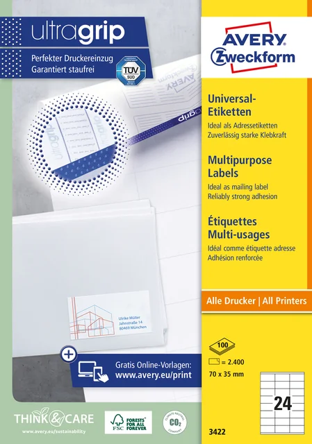 Etiket Avery 3422 70x35mm wit 2400 stuks