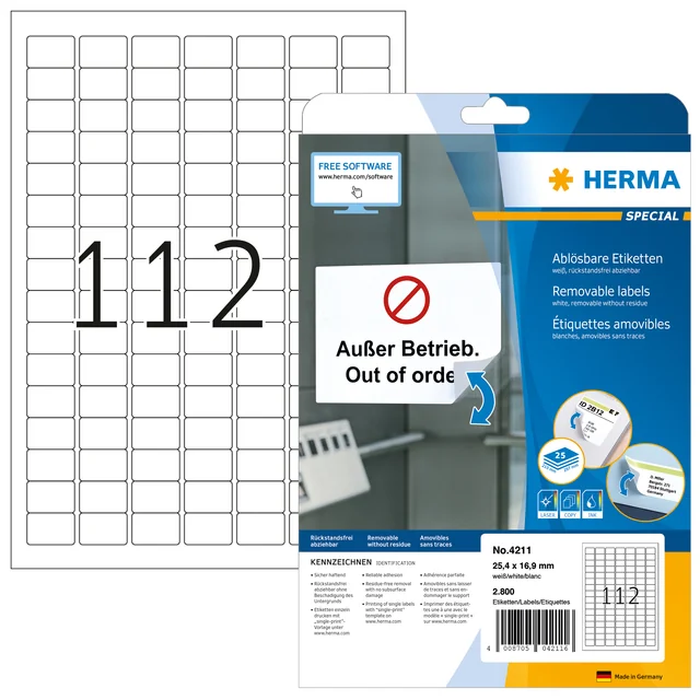 Etiket HERMA 4211 25.4x16.9mm verwijderbaar wit 2800 stuks