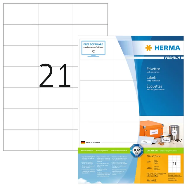 Etiket HERMA 4616 70x42.3mm premium wit 4200 stuks