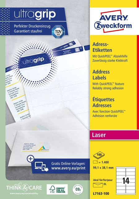 Etiket Avery L7163 99.1x38.1mm wit 1400 stuks